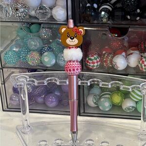 Handcrafted Cute Bear Pink Beaded Pen